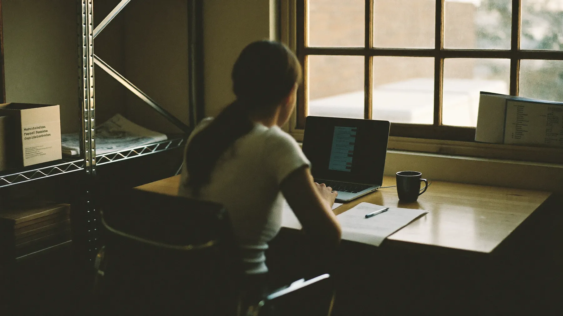 Planner aan een bureau met laptop en routelijst in een kantoor bij het magazijn